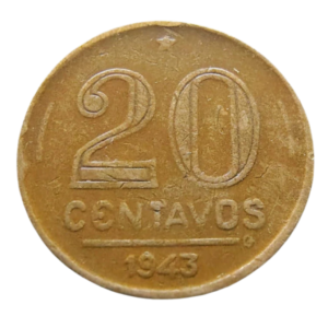 Moeda 20 Centavos 1943 Getúlio Vargas Brasil - Níquel Rosa