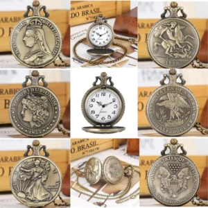Kit com 3 Relógios de Bolso – Liberty Dollar, Rainha Victória e Morgan Dollar