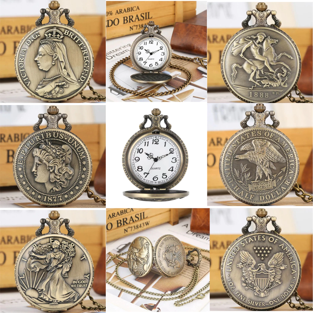 Kit com 3 Relógios de Bolso – Liberty Dollar, Rainha Victória e Morgan Dollar