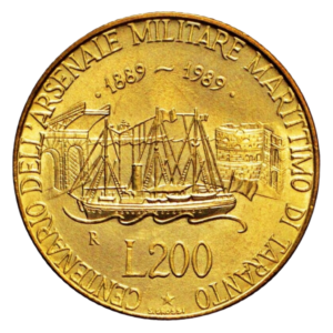 Moeda 200 Liras – 1989 – 100º Aniversário do Arsenal Naval Militar de Taranto – Itália